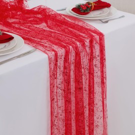 Snowkingdom Red Cheesecloth Table Runner 10 FT, Sheer Chiffon Sparkle Gauze Mesh Runners 120 Inch, Glitter Red Table Centerpieces Decoration for Christmas Valentines Day Wedding Birthday Party Holiday