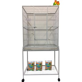 64" Extra Large Wrought Iron Metal Tight 1/2-Inch Bar Spacing Bird Flight Breeder Cage with Side Breeding Nesting Box Doors Easy Clean Pull Out Tray with Removable Rolling Stand