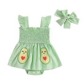 Tempura Baby Girl Super Cute Plaid Romper Dress Fly Sleeve Shirred Bodysuit with Headband 2 Pcs Summer Outfit (Green, 12-18 Months)