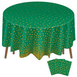 Newwiee 3 Pcs Round Dot Tablecloth 84 Inch Plastic Table Cover Dots Confetti Tablecloths for Bridal Shower Anniversary Wedding Graduation Birthday Party Decor (Green and Gold Dots)