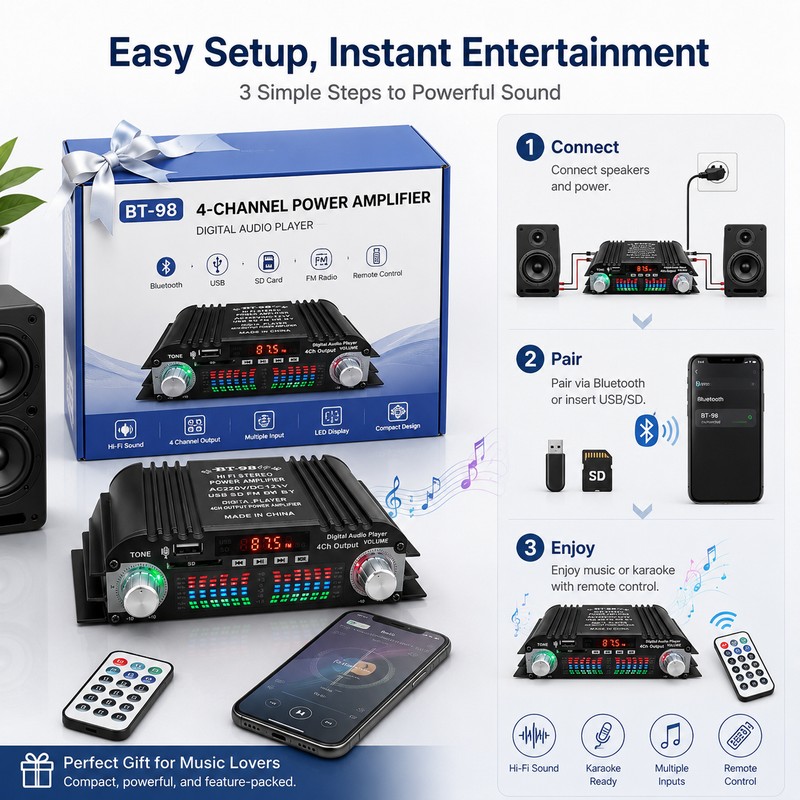 Bluetooth HiFi Stereo Amplifier for Karaoke – 4-Channel Audio Amp