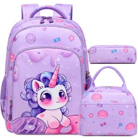Purple Unicorn Backpack for Girls, 3 in 1 Kids Backpack with Lunch Bag Pencil Case for School Girls, Large Capacity Girls Schoolbag with Reflective Straps for Preschool Kindergarten Elementary