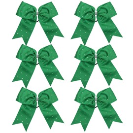 8 Inch Jumbo Cheerleader Bows with Bling Fling Rhinestones Ponytail Holder Cheerleading Bows Hair Tie 6 Pcs College (Green)