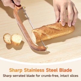 Sourdough Bread Knife, Bread Slicer for Homemade Bread - Sharp Stainless Steel Blade for Crumb-Free, Even, Intact Slices, Ergonomic Bow Design, Wooden Serrated Bread Cutter, 2 Blades & 2 Guards