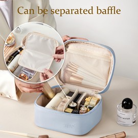 Linpr Makeup Bag for Women, Travel Make up Bags Organiser with Hand, Portable Cosmetic Bag with Brush Compartment, Small Makeup Case Toiletry Bag with PU Leather Water-Resistant (Blue, Small)