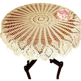 NC AMIPOS 90 cm Round Vintage Beige Handmade Crochet Lace Doilies Crochet Tablecloths Cotton Table Cover Table Topper Wedding Home Party Decor (Beige)