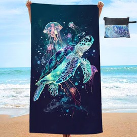 JINGTOPS Microfibre Beach Towel with Bag 90 x 180 cm Hand Towel Beach XL Sauna Towel Bath Towel with Ocean Theme Beach Blanket Large Beach Towel for Beach, Travel, Swimming (Sea Turtle)