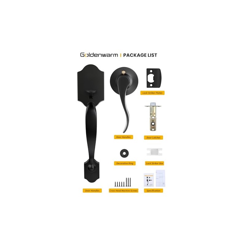 Goldenwarm Black Front Door Handle, Door Handle Exterior, Single Cylinder