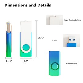 64GB USB 3.0 Flash Drives Green Blue Gradient Color USB Memory Stick Wholesale Bulk Swivel Design Thumb Drive for Data Storage (Green Blue)