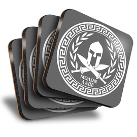 Destination Vinyl ltd Great Coasters (Set of 4) Square - BW - Greek Spartan Shield Greece Acropolis Drink Glossy Coasters/Tabletop Protection for Any Table Type #40086