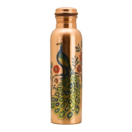 Copper Water Bottle - 30 Oz Large - A Peacock Printed Ayurvedic Pure Copper Vessel For Drinking Healthy Water
