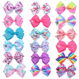 18pcs Hair Bows Clips for Girls - 5 Inches Alligator Clips for Girls Large Bow Unicorn Rainbow Grosgrain Ribbon Hair Barrettes Accessories for Toddler Teens Kids … (18PCS) …