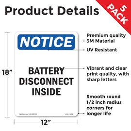 Battery Disconnect Inside OSHA Notice Vinyl Decal Label 18 Inch x 12 Inch - 5 Pack