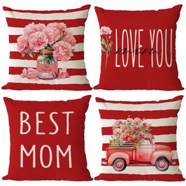 Happy Mothers Day Pillow Covers 18x18 Set of 4 Red Carnation Floral Mom Throw Pillow Covers Pillow Cases Outdoor Couch Sofa Home Decorations Cushion Covers Gift for Mother Mom Birthday (18)