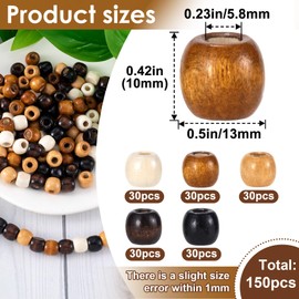 Pndeyo 150pcs 10x13mm Wooden Beads, Vintage Wood Hair Bead with Big Hole, Round Paracord Crafts Spacer for Macrame Necklace Bracelet DIY Craft Jewelry Making- 5 Colors