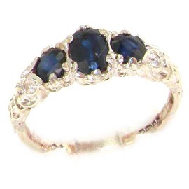 Ladies Solid Sterling Silver Natural Sapphire English Victorian Trilogy Ring size O Hand Finished with Genuine Sapphire