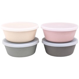 WeeSprout Bamboo Kids Bowls with Lids, Set of Four 10 oz kid-Sized Bamboo Bowls, Bamboo Kid Bowls with Lids for Leftovers, Dishwasher Safe (Pink, Green, Gray, & Beige)