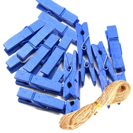 Topxome 100pcs Mini Clothes Pins Natural Wooden Small Clothespin Mini Photo Clips Picture Collage Holder with Jute Twine (Blue)