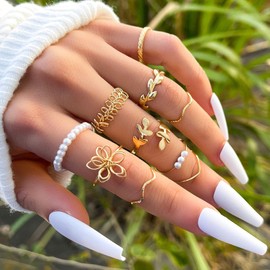 ZZ ZINFANDEL Boho Gold Stacking Rings for Women,Women`s Butterfly Heart Pearl Knuckle Ring Sets,Cute Moon Star Adjustable Rings,Love Stackable Ring Sets Jewelry (Gold-B)