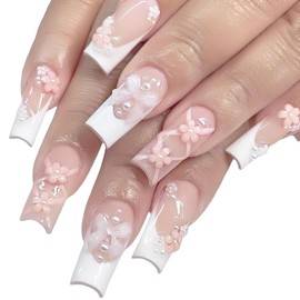 24 Pieces Press On Nails Medium Length Rhinestone Pink False Nails Square Glitter Shiny 3D Flower False Nail Tips Fake Nails