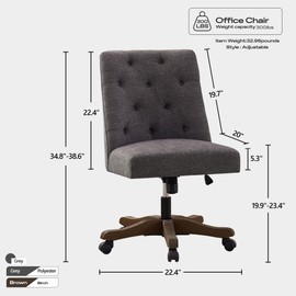 TREATLIFE HOME Upholstered Swivel Desk Chair for Everyday Comfort and Support, Adjustable Height, Grey Chenille Fabric, Home Office Use