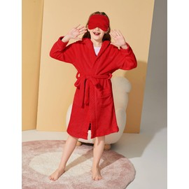 MGEOY Girls Flannel Robe Soft Hooded Terry Coth Robes for Kids With Silk Eye Sleep Mask Red 13-15