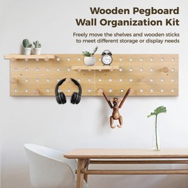 2 PCS Wooden Pegboards, Wood Pegboard Combination Kit, Wall Display Wooden Pegboard with Floating Shelves & Wooden Sticks, Wall Mounted Storage Shelf Organizer for Entrance Living Room Office