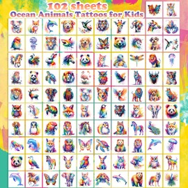 102 PCS Individually Wrapped Watercolor Animals Temporary Tattoo for kids - Cute Animals Temporary for Girls Boy Body Arm Shoulder Cute Tattoos Stickers, Birthday Party Supplies Gifts for Kids