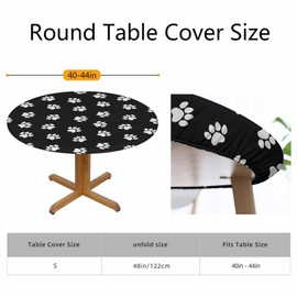 Guxxuil White Footprints Round Tablecloths Elastic Edged Cat Dog Animal Animal Paw Black Tablecloths Washable Reusable Tablecloths for Kitchen Picnic Party 40-44 inch