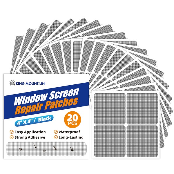 KING MOUNTAIN 20 Sheets Black Window Screen Repair Patches,4×4 in