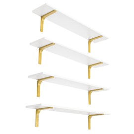DINZI LVJ Long Wall Shelves, 31.5" Wall Mounted Shelves Set of 4, Large Floating Shelves for Wall with Metal Brackets, for Living Room, Bathroom, Bedroom, Kitchen, White and Gold