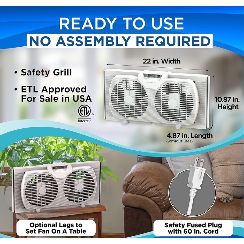 EZ-CHILL 9" Twin Window Fan with Manually Reversible Airflow Control,