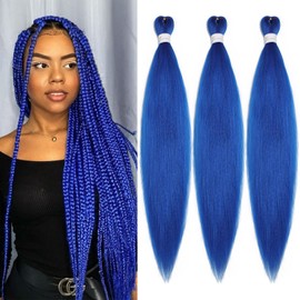 Dilekay Braiding Hair Pre Stretched 28 Inch 3 Packs Knotless Braiding Hair Blue Braided Hair Extensions, Professional Easy Braid Crochet Hair, Hot Water Setting Kanekalon Braiding Hair Extension