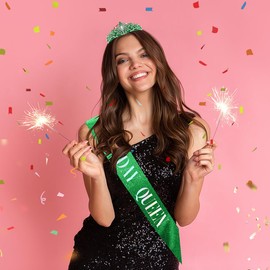 Green Birthday Queen Sash, Tiara, and Headband - Stylish Women's Birthday Decorations