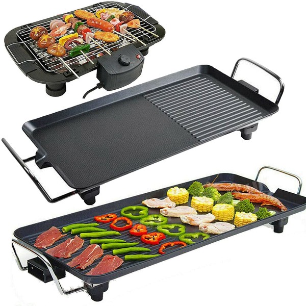 Teppanyaki Grill Electric Table Top Grill Non-Stick Barbecue Grill Pan with Fat Oil Drip Tray & Adjustable Temperature Control,Indoor Portable Smokeless Electric Grill for Dinner Party Large-48x27x8cm