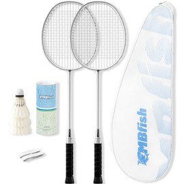 MBFISH Badminton Racket Set with 2 Carbon Fiber Rackets, 3 Shuttlecocks, 2 Replacement Racket Grip Tapes and 1 Badminton Bag - Perfect for Beginners & Outdoor Games 4U Sliver 2P