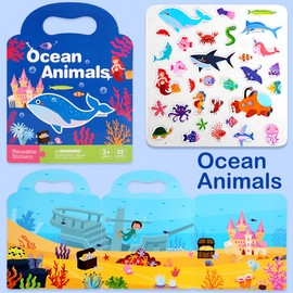 Resuable Stickers Book for Kids, 3+ Years Toddlers, Fun Educational Stickers Pad Learning Supplies Quiet Book for Boys Girls Gifts (Ocean Animals)