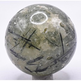 2.1" 225g Green Prehnite w/Black Tourmaline Carved Sphere Polished Natural Druzy Gemstone Crystal Mineral Collectible Ball - Mali + Stand