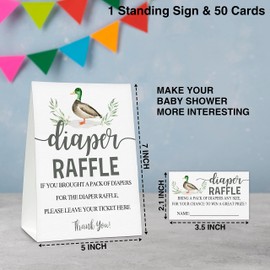 Baby Shower Game Set, 50 Diaper Raffle Tickets with 1 Standing Sign, Mallard Duck Gender Reveal Party Decorations Supplies - B75