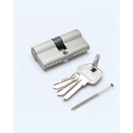 60MM Solid Brass Lock Cylinder with 3 Brass Keys Satin Nickel Door Lock Cylinder Replacement (60MM-Key Key)