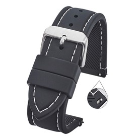 ALPINE Smooth and sporty silicone stitched watch band with quick release spring bars- Black with white stitching - 24mm (fits wrist sizes 6 1/4 to 8 inch)