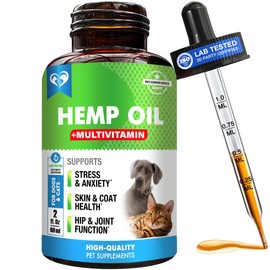 Cat & Dog Hemp Oil Drops with Multivitamin - Pet Calming Anti Anxiety & Hip and Joint Pain Aid and Anti Stress Support - Natural Liquid Supplement (2 oz)