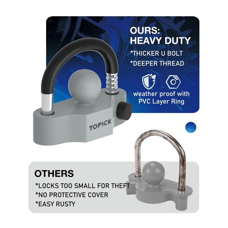 TOPICK Heavy-Duty Trailer Coupler Lock with PVC-Coated U-Bolt, Universal Fit