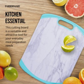 Farberware Plastic Cutting Board with Aqua Nonslip Edges and Stylish Marble Pattern-Dishwasher Kitchen Essential for Everyday Use-Durable Poly Material, Food-Safe, Easy to Clean, 11x14-Inch