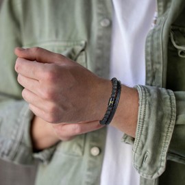 Mens Beaded Bracelets Jewelry, Black Mens Leather Bracelet Lava Rock Bracelets for Men Leather Beaded Bracelets for Mens Bracelets Beads Stress Relief Anxiety Bracelet C Initial Bracelet for Men Gifts