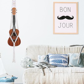 Macrame Ukulele Hanger Wall Mount, 37 Inches Long White Guitar Wall Hanger with Wood Beads and Weave Pattern Alternative Kit Hanging Stand Bohemian Wall Decor