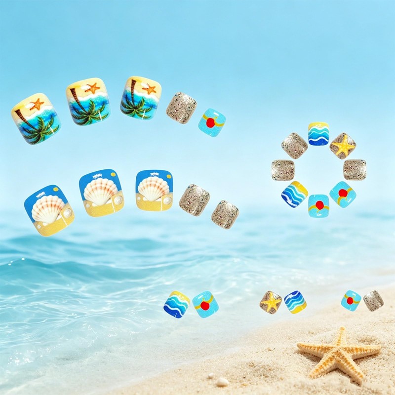 Ocean Beach Press on Toenails with Seashell Design Short Square