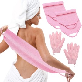 LUFFLOK Bath Sets, 2Pcs Exfoliating Glove and 2Pcs Body Scrubber, Back Scrubbers for Use in Shower, Exfoliating Mitt and Exfoliating Towel for Body, Face, Shower, Bath and Deep Cleansing (Pink)