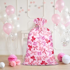 Loveinside Jumbo Large Plastic Gift Bag, Pink Bow Design Plastic Bag with Tag and Tie for Girl's Birthday, Baby Shower, Wedding, Birdal Shower and Valentine's Day, 56" x 36", 1 Pcs