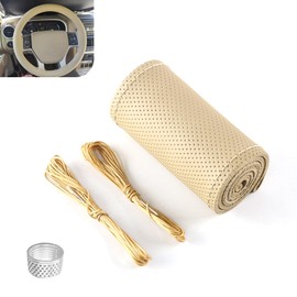 Ferianl Genuine Leather Steering Wheel Cover, 15 Inch Hand Sewing Steering Wheel Wrap, Breathable Anti Slip Car Steering Wheel Protector, DIY Sewing with Needle Thread, for Most Vehicle (Beige, Hole)